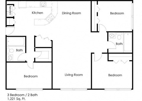 Floor plan for 3 beds, 2 baths, 1222 sqft